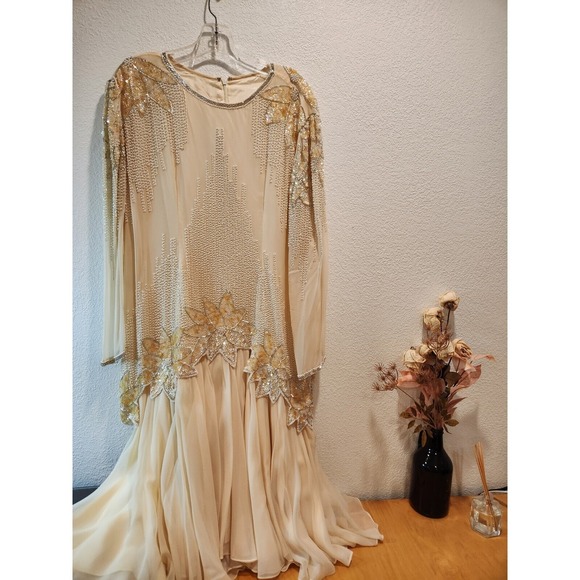 Dresses & Skirts - Vintage Hand Beaded Sequin Formal L Evening Gown Embellished Acetate Lined Dress